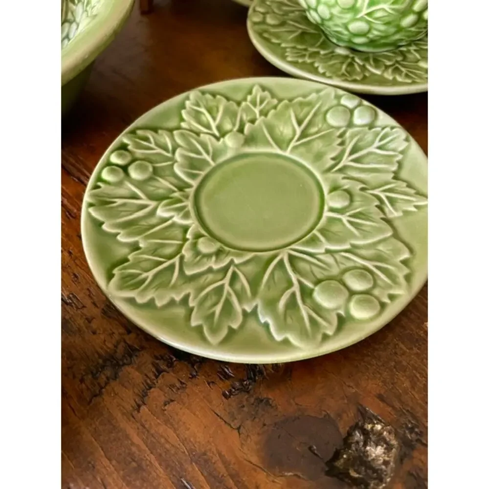Vintage Style Green Grape Vine Majolica Relief Tea Set Serving Collection